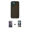 MARSİLYAN™- iPhone 12 Pro Kılıf Ahenk Çizgi Serisi - Siyah 34D Hayalet Izgaralı Cam + Neon Fosforlu Kamera Lens - BZ