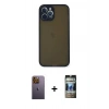 MARSİLYAN™- iPhone 12 Pro Kılıf Ahenk Çizgi Serisi - Siyah 34D Hayalet Izgaralı Cam + Neon Fosforlu Kamera Lens - SI
