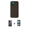 MARSİLYAN™- iPhone 12 Pro Kılıf Ahenk Çizgi Serisi - Siyah 34D Hayalet Izgaralı Cam + Neon Fosforlu Kamera Lens - TU