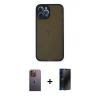 MARSİLYAN™- iPhone 12 Pro Kılıf Ahenk Çizgi Serisi - Siyah 3D Antistatik Hayalet Cam Ekran Koruyucu + Neon Fosforlu Kamera Lens - SI