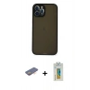 MARSİLYAN™- iPhone 12 Pro Kılıf Ahenk Çizgi Serisi - Siyah Polymer Nano Ekran Koruyucu + Turuncu Renkli Kamera Lens Koruma Cam