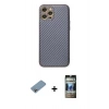MARSİLYAN™- iPhone 12 Pro Kılıf Ahenk Işık - Siyah 34D Hayalet Izgaralı Cam + Shine Kamera Lens Koruma Cam - GI