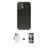 MARSİLYAN™- iPhone 12 Pro Kılıf Ahenk Işık - Siyah 34D Hayalet Izgaralı Cam + Shine Kamera Lens - GD