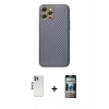 MARSİLYAN™- iPhone 12 Pro Kılıf Ahenk Işık - Siyah 34D Hayalet Izgaralı Cam + Shine Kamera Lens - GS