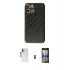 MARSİLYAN™- iPhone 12 Pro Kılıf Ahenk Işık - Siyah 34D Hayalet Izgaralı Cam + Shine Kamera Lens - GS