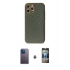 MARSİLYAN™- iPhone 12 Pro Kılıf Ahenk Işık - Siyah 34D Hayalet Izgaralı Cam + Mavi Neon Fosforlu Kamera Lens