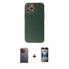 MARSİLYAN™- iPhone 12 Pro Kılıf Ahenk Işık - Siyah 34D Hayalet Izgaralı Cam + Neon Fosforlu Kamera Lens - TU