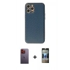 MARSİLYAN™- iPhone 12 Pro Kılıf Ahenk Işık - Siyah 34D Hayalet Izgaralı Cam + Neon Fosforlu Kamera Lens - TU