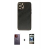 MARSİLYAN™- iPhone 12 Pro Kılıf Ahenk Işık - Siyah 34D Hayalet Izgaralı Cam + Neon Fosforlu Kamera Lens - TU