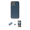 MARSİLYAN™- iPhone 12 Pro Kılıf Ahenk Işık - Siyah 34D Hayalet Izgaralı Cam + Shine Kamera Lens Koruma Cam - PE
