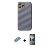 MARSİLYAN™- iPhone 12 Pro Kılıf Ahenk Işık - Siyah 34D Hayalet Izgaralı Cam + Shine Kamera Lens Koruma Cam - PE