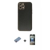 MARSİLYAN™- iPhone 12 Pro Kılıf Ahenk Işık - Siyah 34D Hayalet Izgaralı Cam + Shine Kamera Lens Koruma Cam - PE