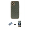 MARSİLYAN™- iPhone 12 Pro Kılıf Ahenk Işık - Siyah 34D Hayalet Izgaralı Cam + Shine Kamera Lens Koruma Cam - PE