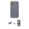 MARSİLYAN™- iPhone 12 Pro Kılıf Ahenk Işık - Siyah 34D Hayalet Izgaralı Cam + Renkli Kamera Lens Koruma Cam - YL