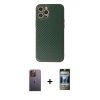 MARSİLYAN™- iPhone 12 Pro Kılıf Ahenk Işık - Siyah 34D Hayalet Izgaralı Cam + Neon Fosforlu Kamera Lens - SI