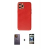 MARSİLYAN™- iPhone 12 Pro Kılıf Ahenk Işık - Siyah 34D Hayalet Izgaralı Cam + Neon Fosforlu Kamera Lens - SI