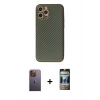MARSİLYAN™- iPhone 12 Pro Kılıf Ahenk Işık - Siyah 34D Hayalet Izgaralı Cam + Neon Fosforlu Kamera Lens - SI