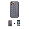 MARSİLYAN™- iPhone 12 Pro Kılıf Ahenk Işık - Siyah 34D Hayalet Izgaralı Cam + Neon Fosforlu Kamera Lens - SI