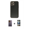 MARSİLYAN™- iPhone 12 Pro Kılıf Ahenk Işık - Siyah 34D Hayalet Izgaralı Cam + Neon Fosforlu Kamera Lens - SI