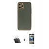 MARSİLYAN™- iPhone 12 Pro Kılıf Ahenk Işık - Siyah 34D Hayalet Izgaralı Cam + Şeffaf Kamera Lens Koruma Cam