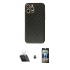 MARSİLYAN™- iPhone 12 Pro Kılıf Ahenk Işık - Siyah 34D Hayalet Izgaralı Cam + Şeffaf Kamera Lens Koruma Cam