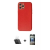 MARSİLYAN™- iPhone 12 Pro Kılıf Ahenk Işık - Siyah 34D Hayalet Izgaralı Cam + Şeffaf Kamera Lens Koruma Cam