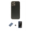 MARSİLYAN™- iPhone 12 Pro Kılıf Ahenk Işık - Siyah 3D Antistatik Hayalet Cam Ekran Koruyucu + Metal Kamera Lens Koruma Cam - AKYL