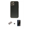MARSİLYAN™- iPhone 12 Pro Kılıf Ahenk Işık - Siyah 3D Antistatik Hayalet Cam Ekran Koruyucu + Shine Kamera Lens Koruma Cam - SABE