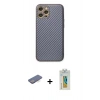 MARSİLYAN™- iPhone 12 Pro Kılıf Ahenk Işık - Siyah Polymer Nano Ekran Koruyucu + Mavi Renkli Kamera Lens Koruma Cam