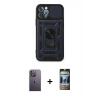 MARSİLYAN™- iPhone 12 Pro Kılıf Ahenk Klasik - Siyah 34D Hayalet Izgaralı Cam + Neon Fosforlu Kamera Lens - BZ