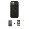 MARSİLYAN™- iPhone 12 Pro Kılıf Ahenk Klasik - Siyah 34D Hayalet Izgaralı Cam + Neon Fosforlu Kamera Lens - BZ