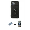 MARSİLYAN™- iPhone 12 Pro Kılıf Ahenk Klasik - Siyah 34D Hayalet Izgaralı Cam + Gümüş Shine Kamera Lens Koruma Cam