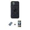 MARSİLYAN™- iPhone 12 Pro Kılıf Ahenk Klasik - Siyah 34D Hayalet Izgaralı Cam + Metal Kamera Lens Koruma Cam - MI