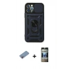 MARSİLYAN™- iPhone 12 Pro Kılıf Ahenk Klasik - Siyah 34D Hayalet Izgaralı Cam + Shine Kamera Lens Koruma Cam - PE