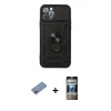 MARSİLYAN™- iPhone 12 Pro Kılıf Ahenk Klasik - Siyah 34D Hayalet Izgaralı Cam + Shine Kamera Lens Koruma Cam - PE
