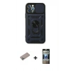 MARSİLYAN™- iPhone 12 Pro Kılıf Ahenk Klasik - Siyah 34D Hayalet Izgaralı Cam + Shine Kamera Lens Koruma Cam - SABE
