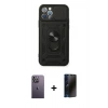 MARSİLYAN™- iPhone 12 Pro Kılıf Ahenk Klasik - Siyah 3D Antistatik Hayalet Cam Ekran Koruyucu + Neon Fosforlu Kamera Lens - BZ