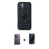 MARSİLYAN™- iPhone 12 Pro Kılıf Ahenk Klasik - Siyah 3D Antistatik Hayalet Cam Ekran Koruyucu + Neon Fosforlu Kamera Lens - BZ
