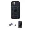 MARSİLYAN™- iPhone 12 Pro Kılıf Ahenk Klasik - Siyah 3D Antistatik Hayalet Cam Ekran Koruyucu + Renkli Kamera Lens Koruma Cam - MI