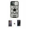 MARSİLYAN™- iPhone 12 Pro Kılıf Ahenk Klasik - Siyah 3D Antistatik Hayalet Cam Ekran Koruyucu + Neon Fosforlu Kamera Lens - SI