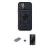 MARSİLYAN™- iPhone 12 Pro Kılıf Ahenk Klasik - Siyah 3D Antistatik Hayalet Cam Ekran Koruyucu + Renkli Kamera Lens Koruma Cam - SI