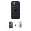 MARSİLYAN™- iPhone 12 Pro Kılıf Ahenk Klasik - Siyah 6D Mat Seramik Hayalet Nano Ekran Koruyucu + Turuncu Neon Fosforlu Kamera Lens
