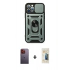 MARSİLYAN™- iPhone 12 Pro Kılıf Ahenk Klasik - Siyah 6D Mat Seramik Hayalet Nano Ekran Koruyucu + Turuncu Neon Fosforlu Kamera Lens