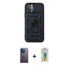 MARSİLYAN™- iPhone 12 Pro Kılıf Ahenk Klasik - Siyah Polymer Nano Ekran Koruyucu + Neon Fosforlu Kamera Lens - MI