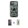 MARSİLYAN™- iPhone 12 Pro Kılıf Ahenk Klasik - Siyah Polymer Nano Ekran Koruyucu + Neon Fosforlu Kamera Lens - SI
