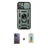 MARSİLYAN™- iPhone 12 Pro Kılıf Ahenk Klasik - Siyah Polymer Nano Ekran Koruyucu + Neon Fosforlu Kamera Lens - MI