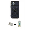 MARSİLYAN™- iPhone 12 Pro Kılıf Ahenk Klasik - Siyah Polymer Nano Ekran Koruyucu + Rainbow Kamera Lens Koruma Cam - GD