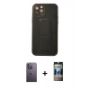 MARSİLYAN™- iPhone 12 Pro Kılıf Akış Doku - Siyah 34D Hayalet Izgaralı Cam + Neon Fosforlu Kamera Lens - BZ