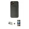 MARSİLYAN™- iPhone 12 Pro Kılıf Akış Doku - Siyah 34D Hayalet Izgaralı Cam + Rainbow Kamera Lens Koruma Cam - GD