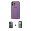 MARSİLYAN™- iPhone 12 Pro Kılıf Akış Doku - Siyah 34D Hayalet Izgaralı Cam + Mavi Neon Fosforlu Kamera Lens